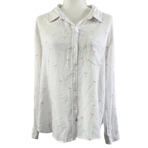 Rails Charli Flamingo Novelty Print Linen Blend White Button-Up Shirt Beachy - Picture 1 of 11